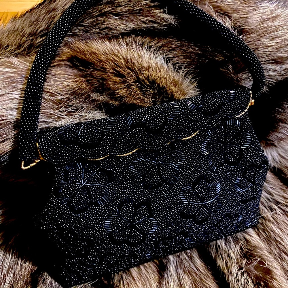 Stephen Chu Vintage Womens Black Beaded Handbag Made in Hong Kong